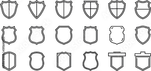 Minimal line shield badge icon set featuring vintage crest shapes security emblems heraldic frames and logo templates