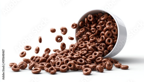 Dynamic Chocolate Cereal Rings Spilling from White Bowl, Isolated Breakfast Food.
