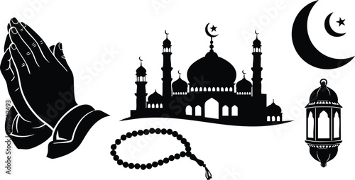 Silhouette style collection of islamic religious symbols including praying hands mosque beads crescent moon star and traditional lantern vector art design