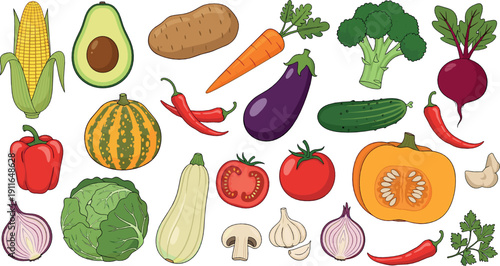 Colorful fresh vegetables collection flat vector illustration with healthy organic food icons isolated on white background for design projects