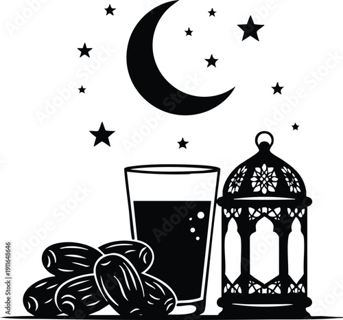 Minimalist black and white vector art featuring crescent moon stars dates juice and traditional lantern symbolizing ramadan night celebration spiritual peaceful composition