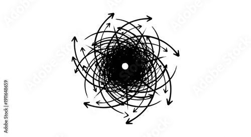 abstract black and white illustration of a chaotic swirling vortex of arrows and lines symbolizing complex decision-making strategic challenges.
