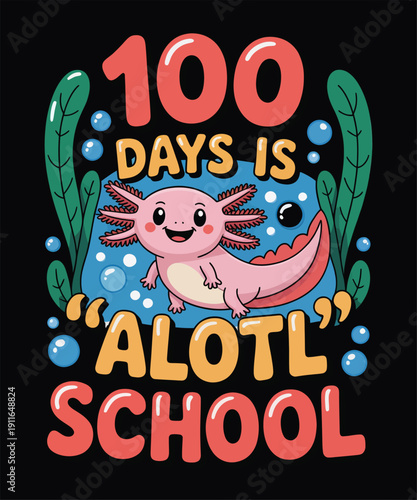 Cute axolotl character celebrating "100 DAYS IS ALOTL SCHOOL" with bubbles and leaves, a fun educational theme for kids.