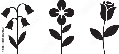 Set of three simple black and white flower silhouettes