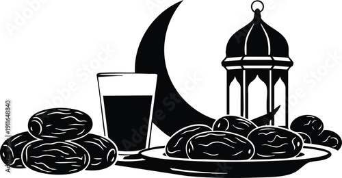 Black and white vector art of crescent moon lantern plate of dates glass of water traditional ramadan iftar fasting meal icon flat design