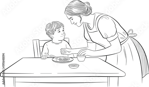 Black and white line art illustration of a caring mother talking to her young son while sitting at a dining table during breakfast mealtime