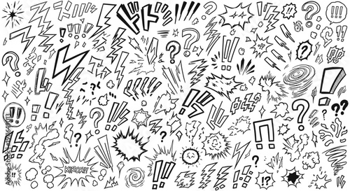 dynamic hand-drawn vector set of comic book sound effects manga exclamations question marks and impact lines for graphic design.