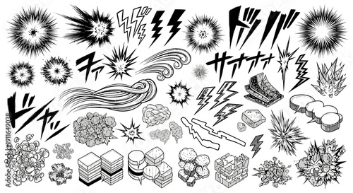 dynamic manga comic book action effects explosions speed lines lightning japanese onomatopoeia impact motion graphics