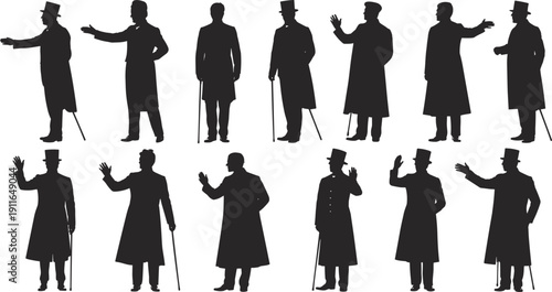 Black silhouette collection of Victorian gentlemen wearing top hats and long overcoats while holding walking sticks and gesturing in various poses for historical design