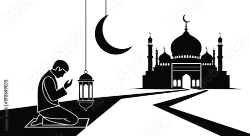 Black silhouette of man praying on rug with hanging lantern and crescent moon in front of mosque with multiple minarets and domes vector art for ramadan celebration