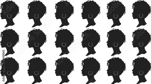Collection of black silhouettes showing profile view of African American woman with curly hair and hoop earrings isolated on a white background for beauty design