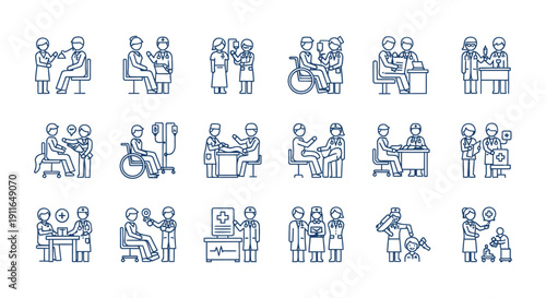 line icons illustrating medical and healthcare services doctor-patient consultations nurse care examinations and treatments.
