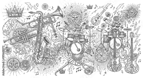 dynamic music explosion illustration featuring musical instruments notes lightning and grunge patterns expressing energetic sound.