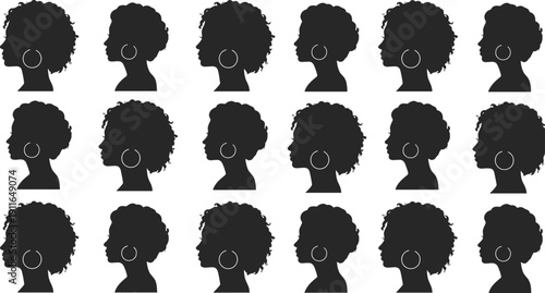Collection of African American Woman Profile Silhouettes with Curly Afro Hairstyles and Hoop Earrings Isolated on White Background for Beauty and Fashion Design