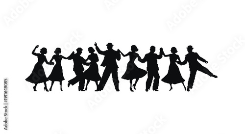 lively dancing silhouettes of men and women performing a vintage swing dance with retro charm and rhythmic energy for party events.