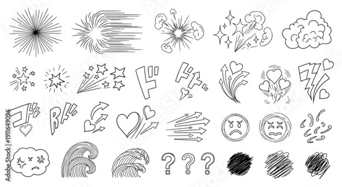 manga comic doodles speed lines explosions emotions sound effects and waves for dynamic graphic design.