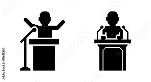 pixel art icons of public speakers at a podium dynamic and formal presentation styles ideal for digital content and web design.