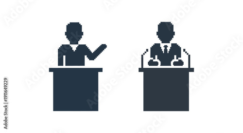 pixel art icons of two speakers debating standing at podiums symbolizing public speaking education and political discourse.