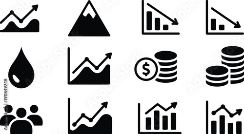 Set of black business icons including growth charts financial graphs money coins mountain peak drop of oil and group of people for corporate presentations