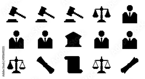 pixel art law and justice concept icons featuring gavel scales business figures and legal documents for digital design assets.