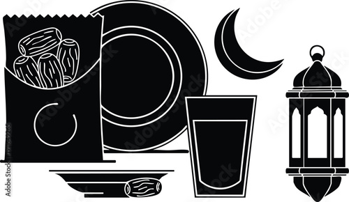 Black silhouette flat design of dates in open packet with plate glass crescent moon and traditional lantern islamic ramadan fasting symbols