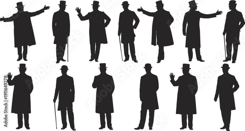 Set of Victorian Gentlemen Silhouettes Featuring Men in Top Hats Bowler Hats and Overcoats Carrying Walking Sticks Isolated on White Background for Vintage Design