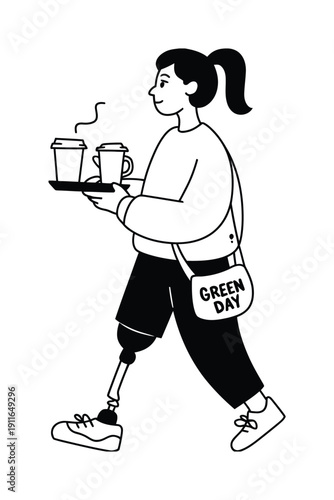 Woman with prosthetic leg carries tray of coffee cups, wearing "Green Day" bag
