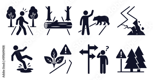 Icons depicting outdoor hazards and safety warnings in nature and wilderness
