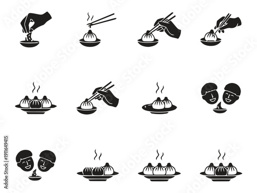 Icons depicting people eating delicious dumplings and soup using chopsticks