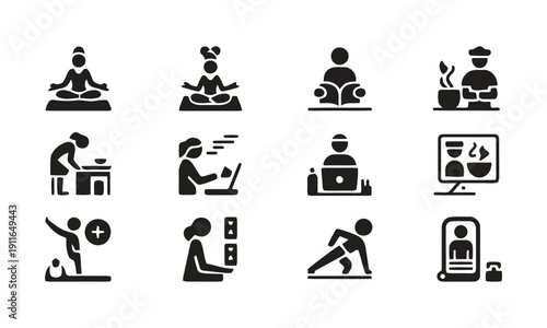 Icons for yoga meditation cooking and working representing healthy lifestyle activities