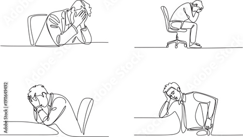 Continuous one line drawing fatigue set concept at work. Tired male office worker sitting.one line icon illustration with white background.