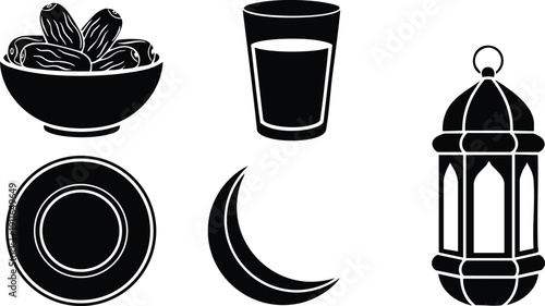 Minimalist black and white vector icons set of bowl with dates glass of water crescent moon and traditional lantern symbolizing ramadan celebration and fasting season