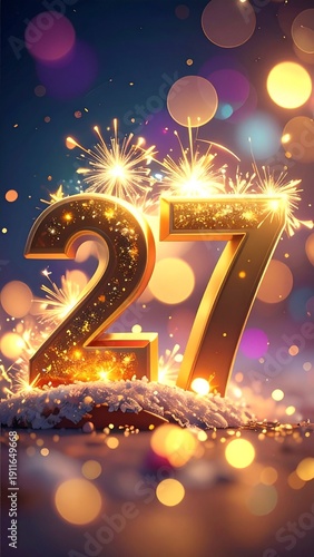 Golden Number 27 Celebration with Sparkles and Bokeh Lights for Anniversary Milestone or Festive Occasion Background.