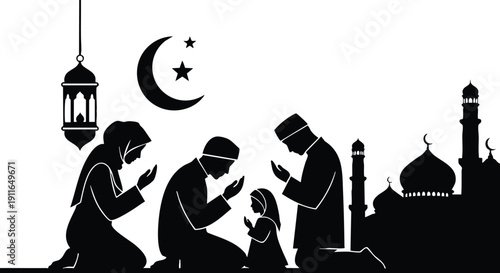 Silhouette of muslim family praying together with mosque minarets crescent moon stars lantern islamic religious ritual in black vector art