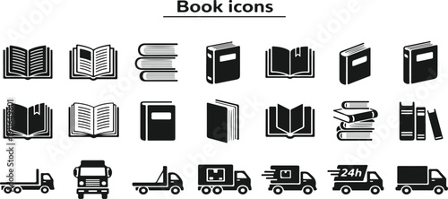 Collection of book and delivery truck icons in black and white