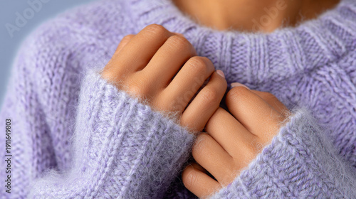 Woman's hands clasped in cozy lilac sweater with soft texture  