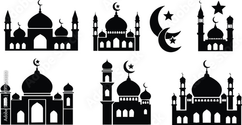 Black silhouette mosque icons set with crescent moons stars religious muslim architecture illustrations variety of dome shapes and minaret details isolated on white background