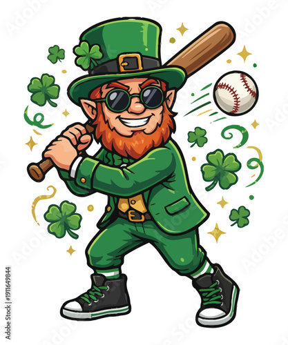 Cartoon leprechaun playing baseball on St. Patrick's Day, wearing a green suit and hat, swinging a bat at a baseball, surrounded by shamrocks and sparkles.