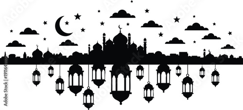 Silhouette of mosque skyline with crescent moon stars and hanging traditional lamps in night sky vector art design