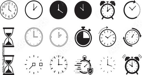 Collection of clocks and watches for time management concepts