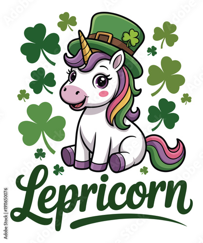 Adorable cartoon lepricorn unicorn with colorful mane, wearing a green leprechaun hat and surrounded by shamrocks for St. Patrick's Day.