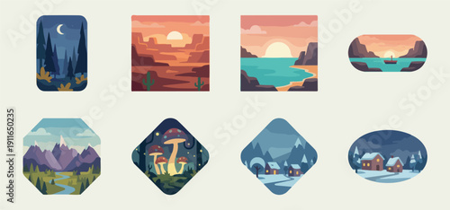  landscape app icon set, colorful nature illustration pack, modern flat design icon bundle, travel scenery logo collection, gradient square icon graphics, digital UI nature symbols, creative mobile ap
