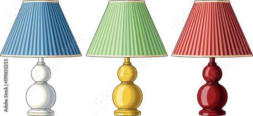 Colorful table lamp set with striped lampshades and modern decorative bases for interior lighting, home decor, and cozy room design concepts
