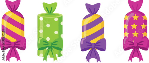 Colorful wrapped candy illustration set with striped, dotted, and star patterned sweets in bright playful style for kids, parties, and confectionery design projects