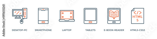 Responsive web design banner web icon vector illustration concept with icon of desktop-pc, smartphone, laptop, tablets, e-book-reader and html5-css3