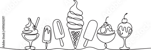 Continuous one line ice cream. Hand drawn soft serve frozen desserts, cold popsicles and sundaes.one line icon illustration with white background