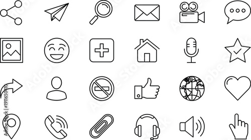 Minimal line universal interface icon set for communication, navigation, media, social, and digital interaction concepts