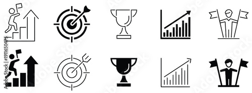 Icons representing success achievement goal setting and progress towards objectives