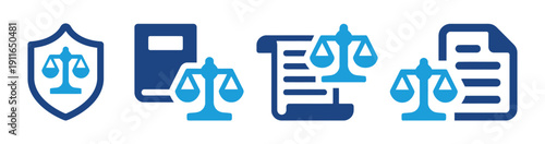 Justice and law symbols featuring scales of justice, legal books, and official documents