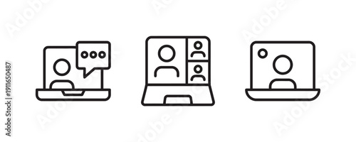 Icons representing online communication and video calls on laptops with chat bubbles and multiple participants